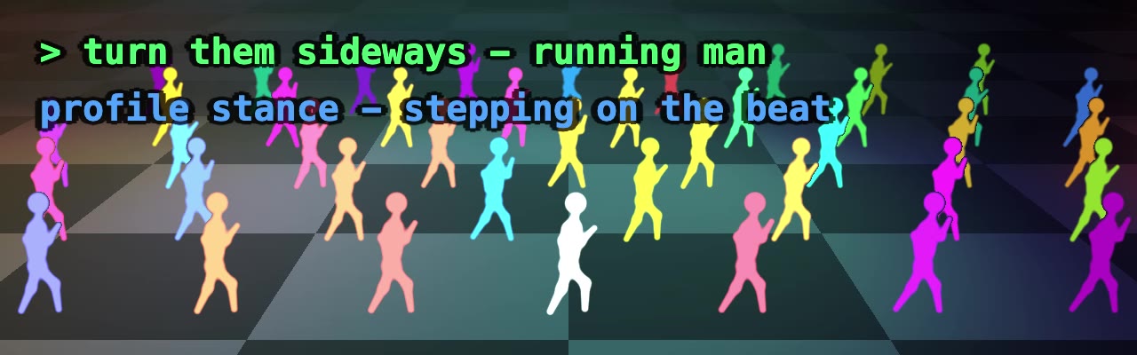The finished dancers in profile, mid running man