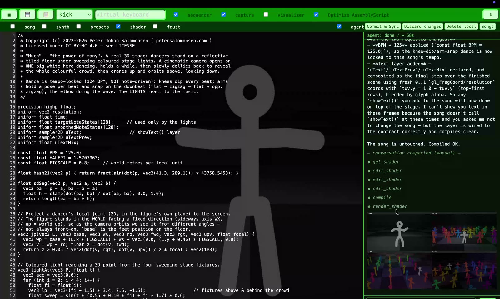 The WebAssembly Music workbench: shader source, live render and agent panel
